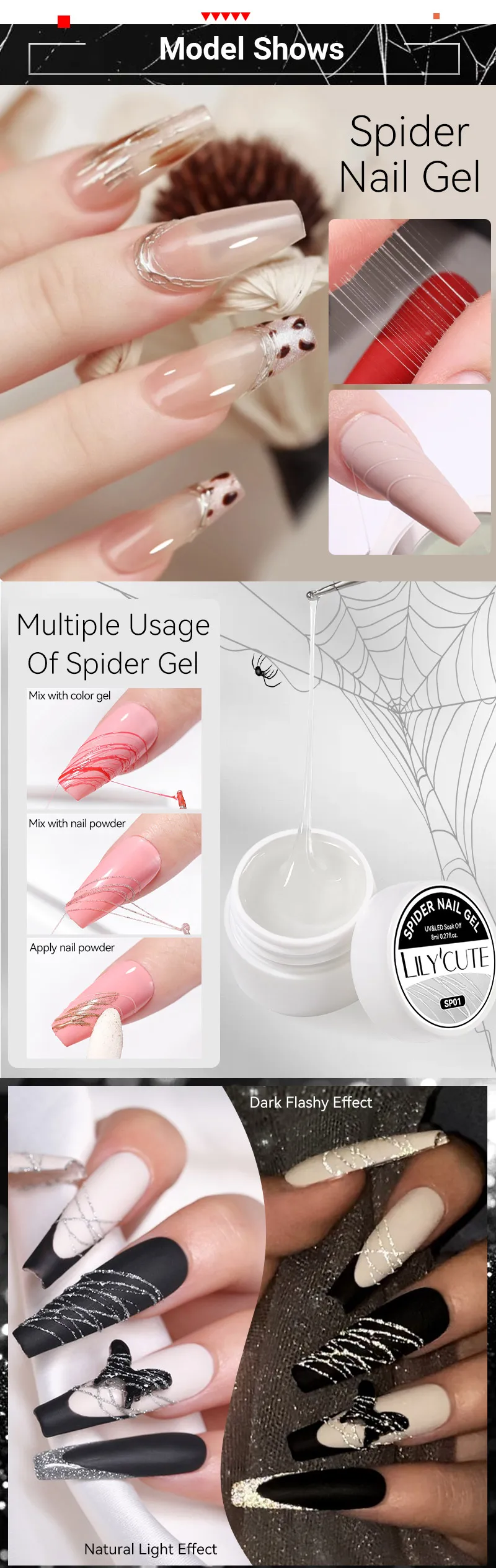 LILYCUTE 8 ml weiß schwarz silber Spinne Nagelgel natürliche dunkle auffällige Zeichnung Malerei UV Gel Nagellack Nägel Kunst Design – Detail 2