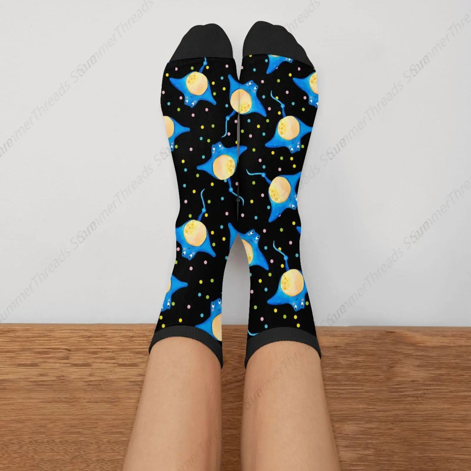 Cute Stingrays Sea Animals Blue Stingray Dot Casual Unisex Novelty Fun Crew Socks Fashion Comfortable Men And Women Crazy Dress