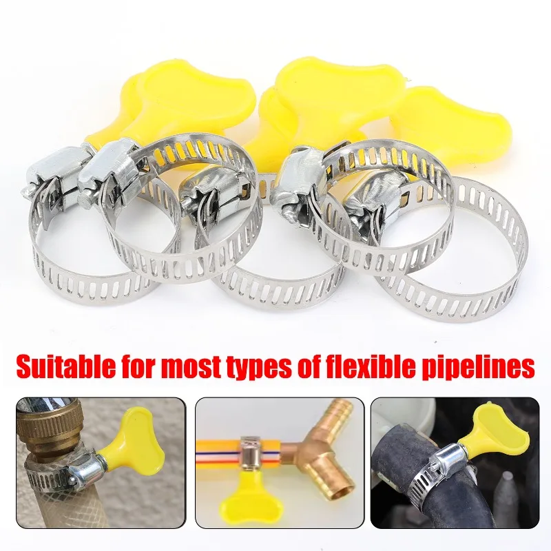 16-25mm Yellow Plastic Handle Hand Twist Hose Clamps Stainless Steel Screw Band Adjustable Hose Clamps Water Pipe Fastener Clips