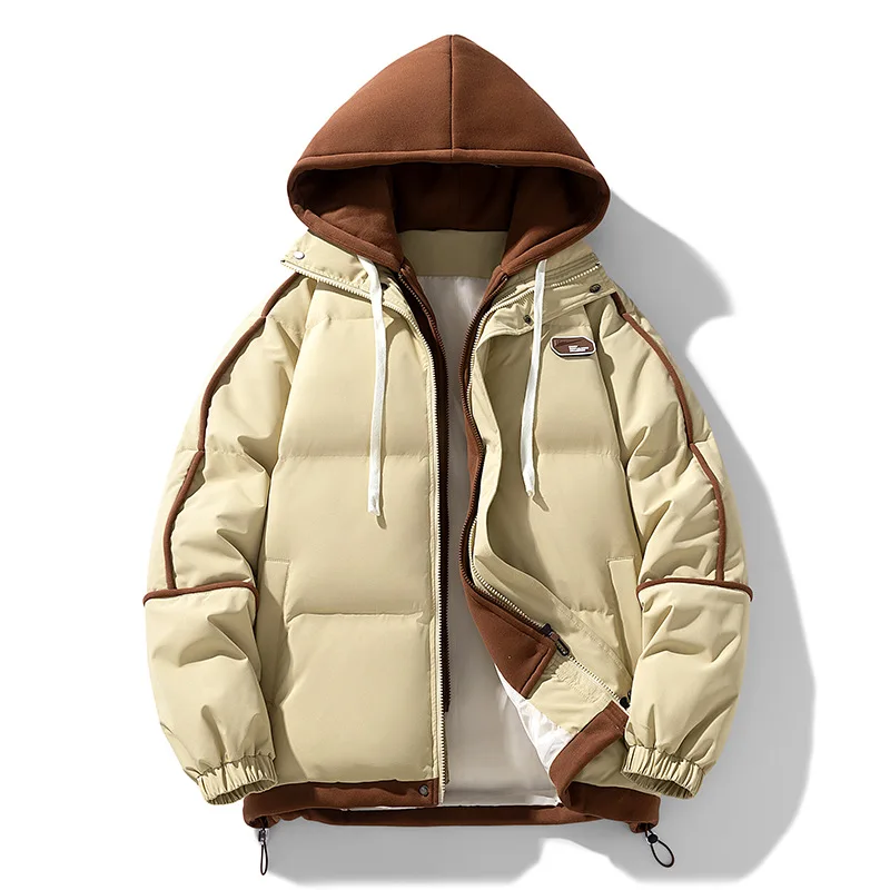 Nuevo modelo de chaqueta gruesa acolchada de algodón para mujer, conjunto de dos piezas falso para mantener el calor con capucha, top liso elegante a la moda