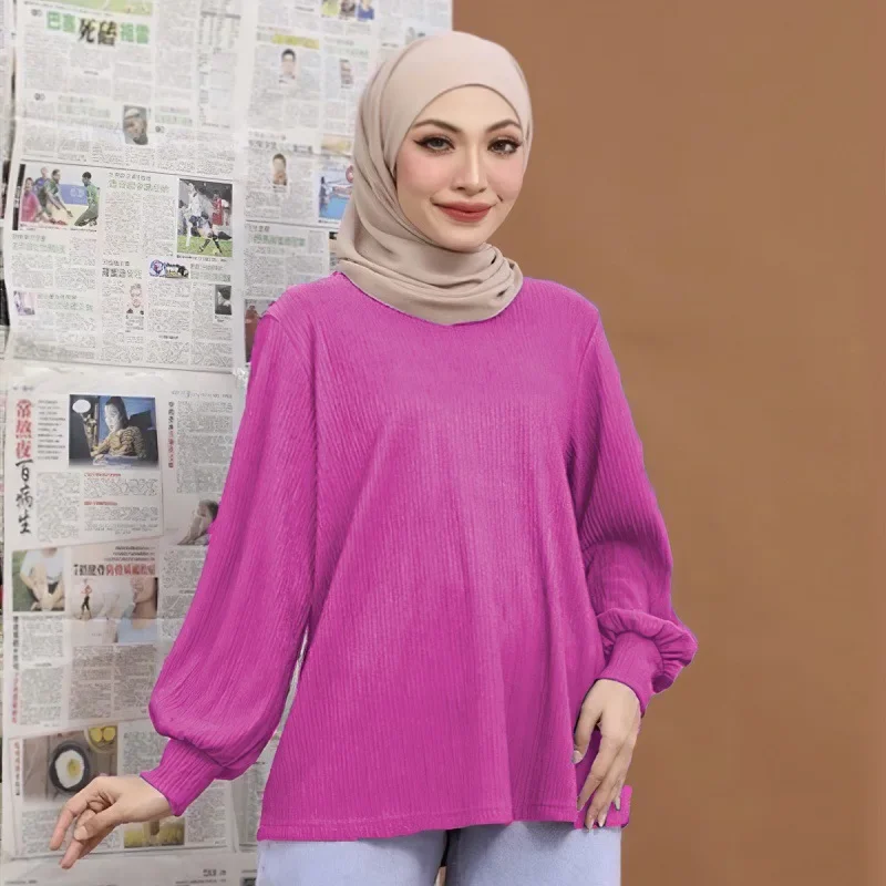 Women Eid Muslim Tops Puff Sleeve O Neck Blouses Morocco Kaftan Arab Solid Folds Casual Loose Pullover Dubai Islam Ramadan