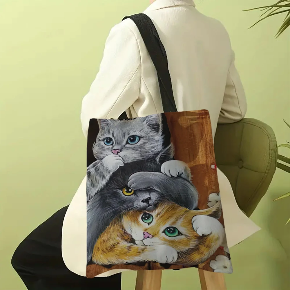 Cute Stacked Cats Pattern Design Canvas Tote Bag For Women, Casual Style Shoulder Bag, Large Capacity Fashion Shopping Bag