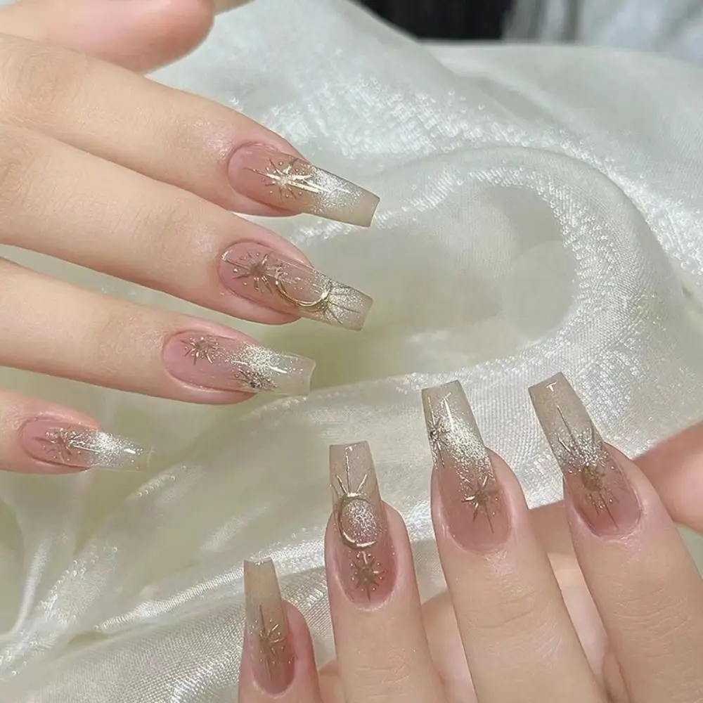 Manicure Long Almond Ballerina and Square False Nails Flowers Glitter Sun Moon Press on Nails Dreamy Blue French Fake Nials DIY