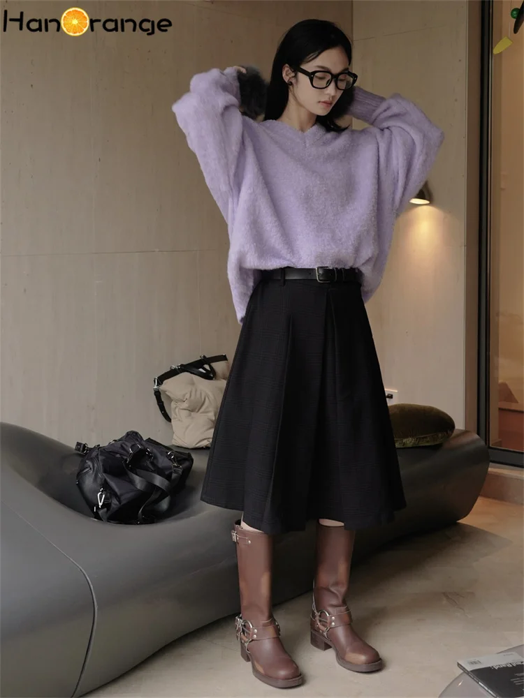 HanOrange 2024 Winter Lazy Sweater Women V-neck Loop Yarn Loose Silhouette Soft Warm Top Female Purple/Coffee