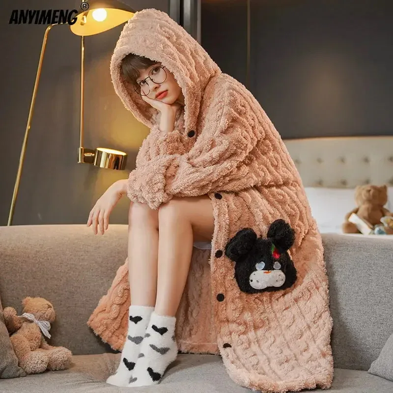 Sky02 batas mullidas de peluche rosa desnuda para mujer, sudaderas térmicas de invierno, bata para niña, albornoz de oso Kawaii para mujer, bata de baño cálida para mujer 88Ji