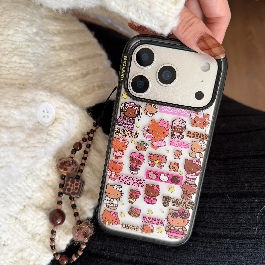

Cute Sexy dark skin leopard print HelloKitty Girls Cartoon Phone Case For iPhone 17 Pro 16 15 14 13 Pro Max Plus Kawaii Cover