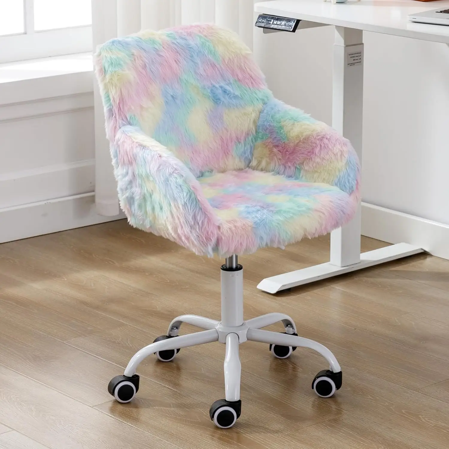 Kids Desk Chair, Faux Fur Colorful Upholstered Computer Chair, Cute Study Swivel Height Adjustable Arm Chair Rainbow Color