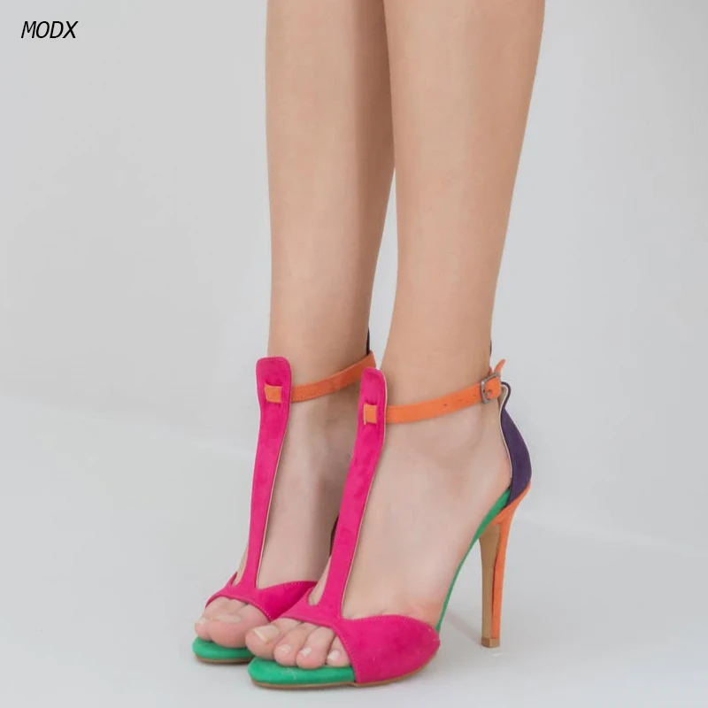 Nuevas Sandalias de Tacón Alto con Tira en T Multicolor para Mujer 2026, de Ante con Bloques de Color, Punta Abierta, Tacón de Aguja, Hebilla en el Tobillo, Zapatos de Fiesta de Verano 44