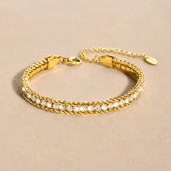 Fashion Bling CZ Stone Bracelets for Women, Gold Plated Stainless Steel Beads Chain Bracelet, Dainty Holiday Jewelry Gift To Her