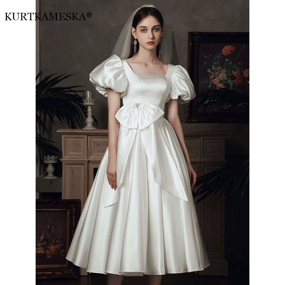 White Satin Wedding Dresses for Bride Elegant Puff Sleeve Retro Hepburn Palace Princess Dress Summer Women Long Formal Dress