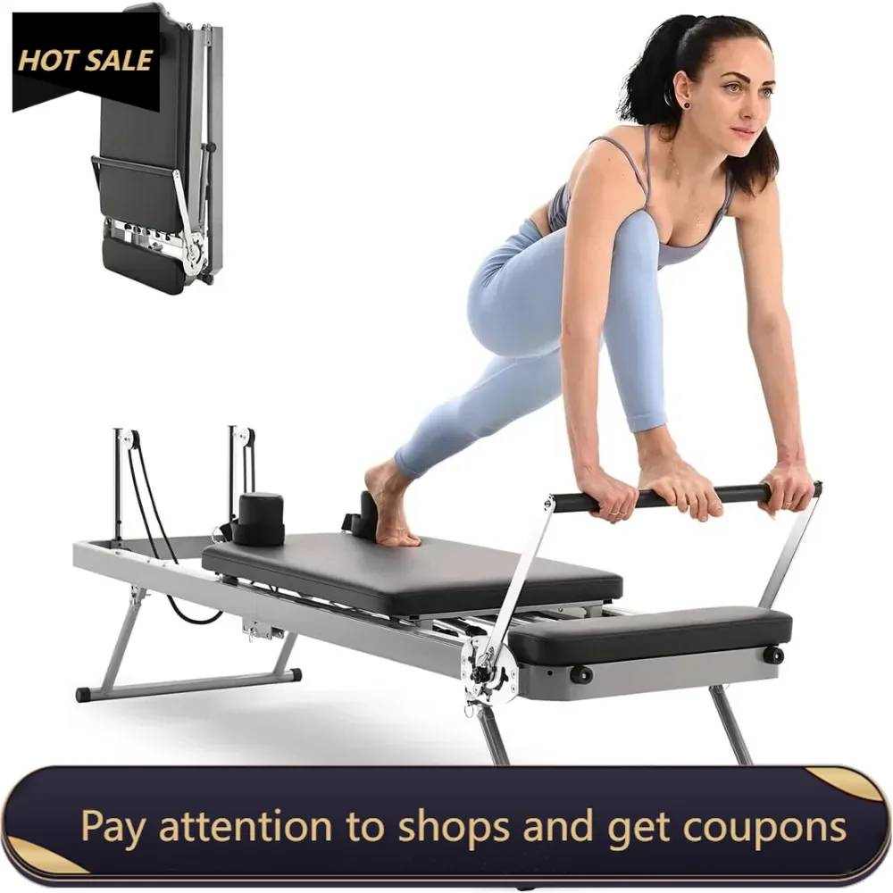 

Foldable Pilates Reformer Machine Equipment, Pilates Exercise Equipment with 5 Metal Resistance Springs - Max Tension 110 lbs