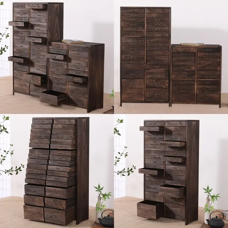 Solid Wood Pu'er  Cabinet Storage  Set with Multi-Layer Drawers and Black  Dispenser for All  Types