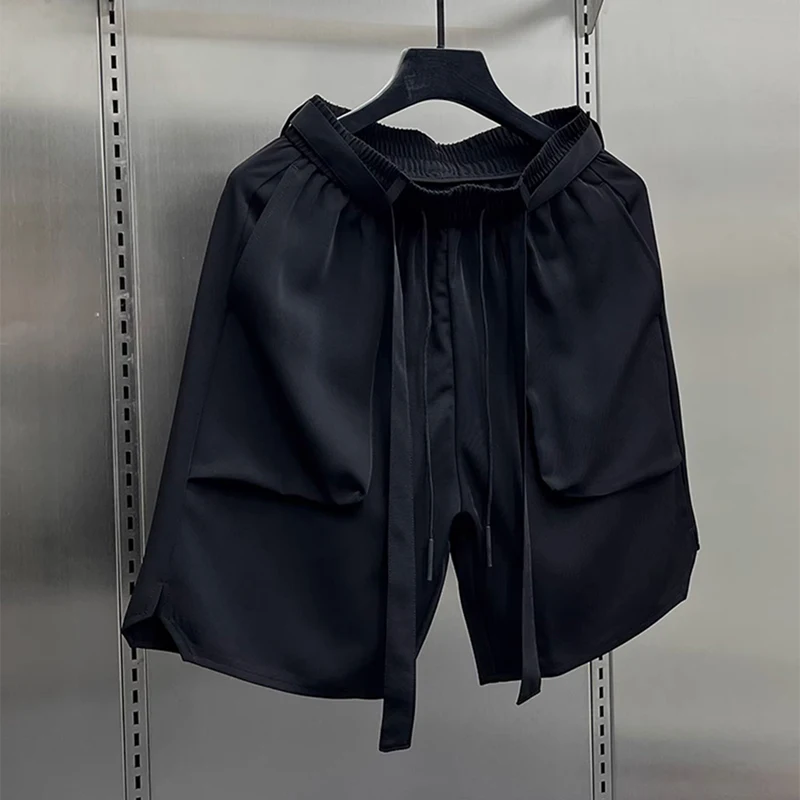 

Мужские летние новые повседневные шорты из ледяного шелка, корейские тонкие свободные черные брюки на шнурке, модные универсальные красивые брюки с карманами