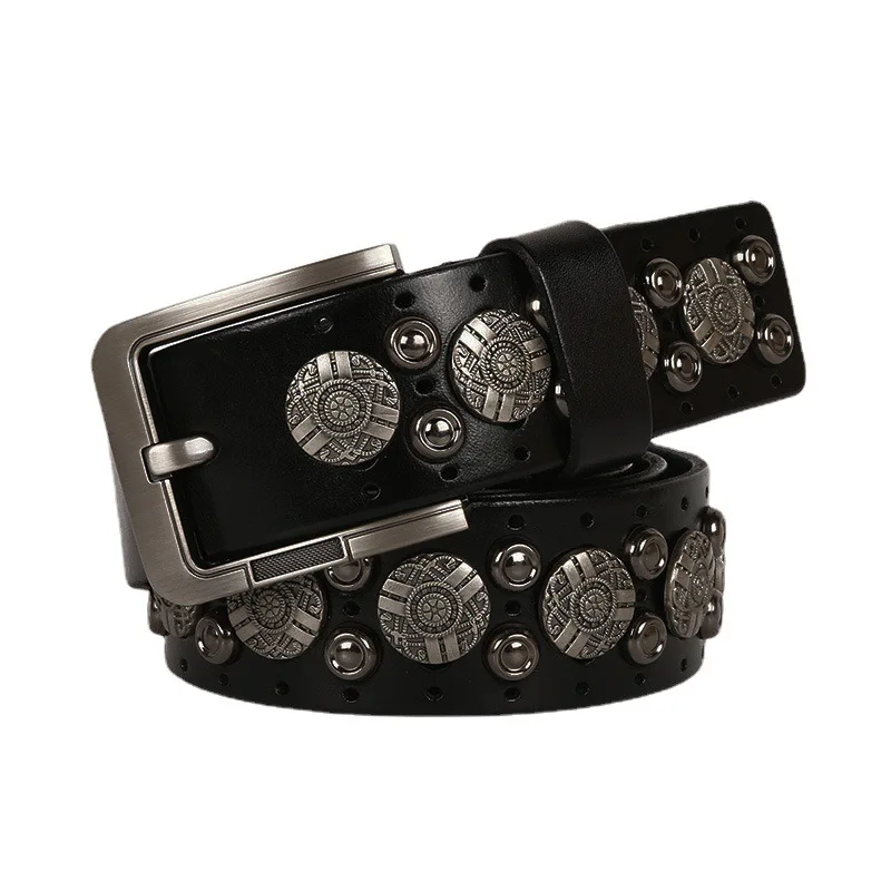 

3.8cm new personality trend neutral high quality first layer cowhide leather belt punk style belt rivet decoration belt