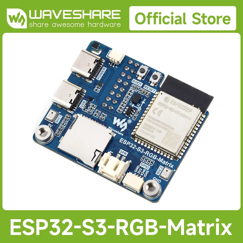 Płytka sterownika matrycy RGB Waveshare ESP32-S3, wbudowany podwójny mikrofonowy array, obsługuje Wi-Fi 2.4 GHz i Bluetooth 5 (BLE)