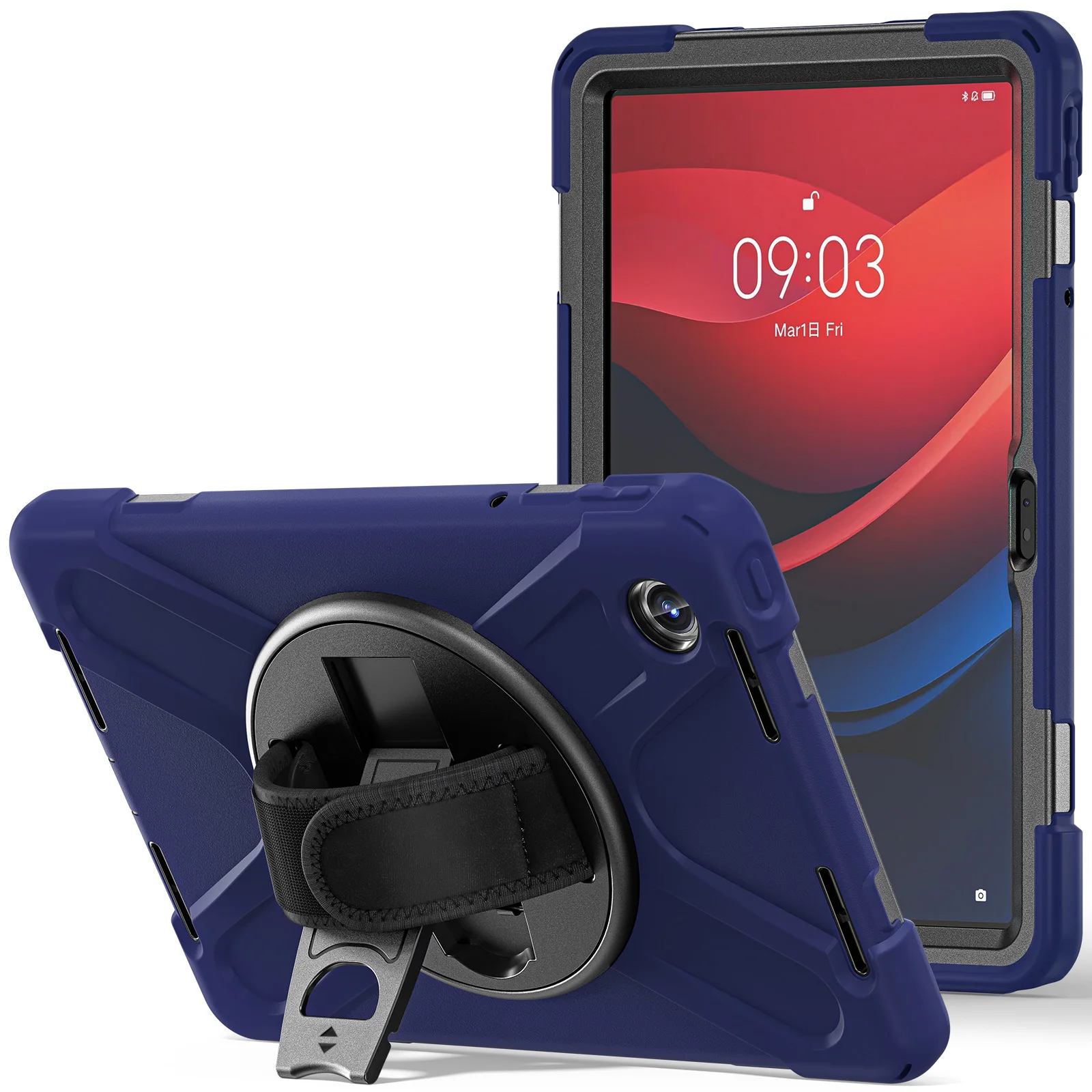 

For Lenovo Tab M11 TB-330FU / 331FC / Xiaoxin Pad 11 2024 Case Rotary Kickstand PC+Silicone Hand Strap Tablet Cover - Navy Blue