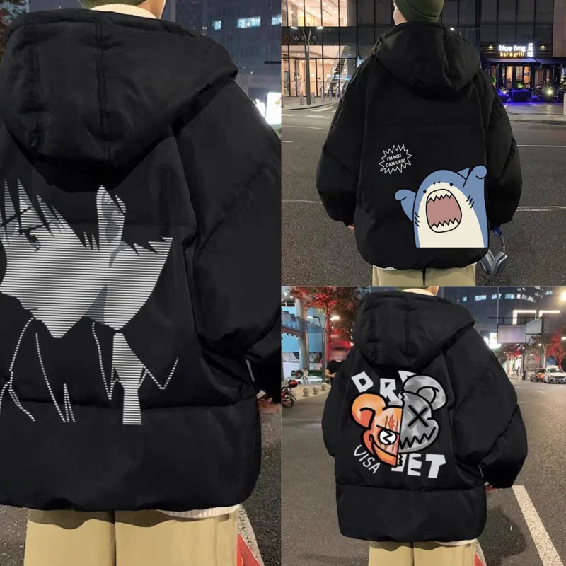 New Techwear Winter Jacket Men Parkas Women Anime Print Japanese Manga Harajuku Winter Man Warm Jacket Padded Hooded Couplewear