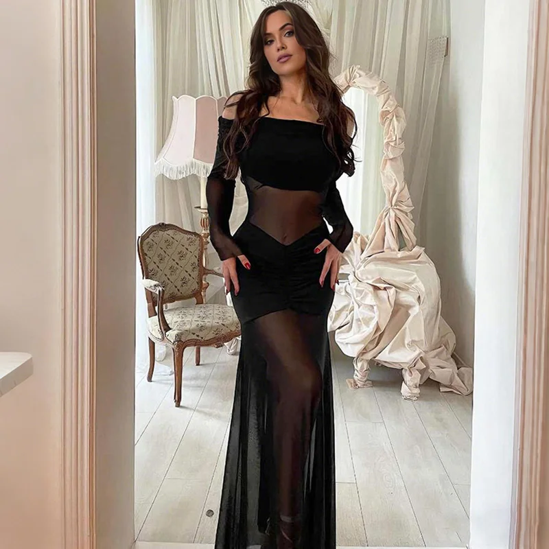 فستان Ticketsx أنيق شفاف من خلال مكشكش سادة بدون أكتاف مرقع عالي الخصر فستان نحيف مثير بدون ظهر للحفلات المسائية #2