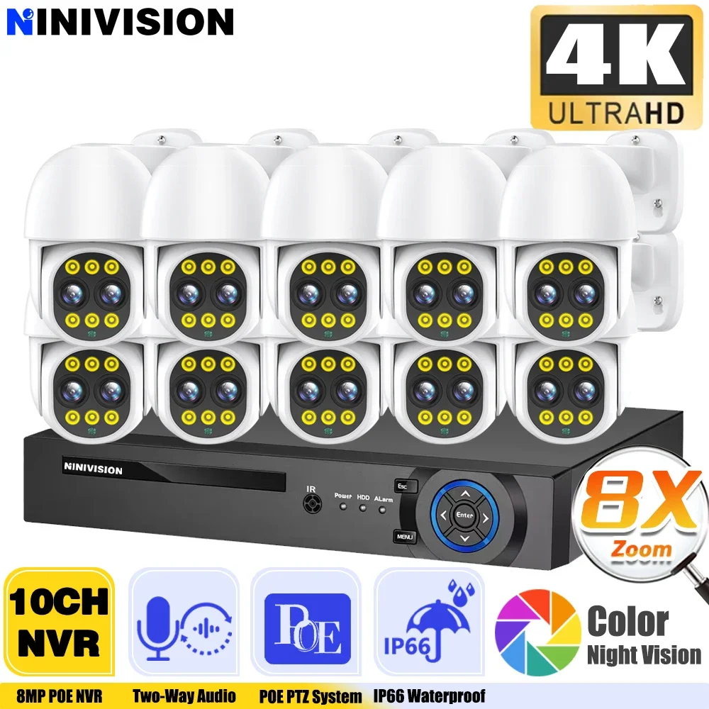 H.265+ 10CH 8CH 4K PTZ Security Dual Lens 8X PTZ Zoom Camera System 8MP Two Way Audio Color Night Video Surveillance NVR POE Kit