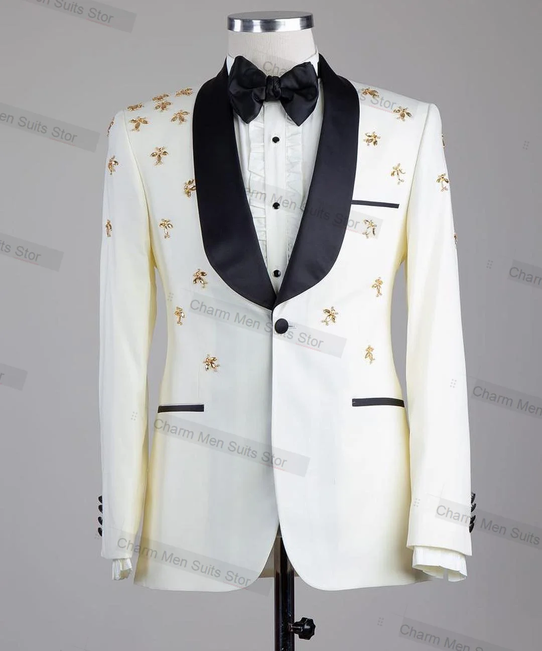 

White Men Suits Set 2 Piece Blazer+Black Pants Custom Made Jacket Formal Crystals Business Groom Wedding Tuxedo Prom Dress Coat