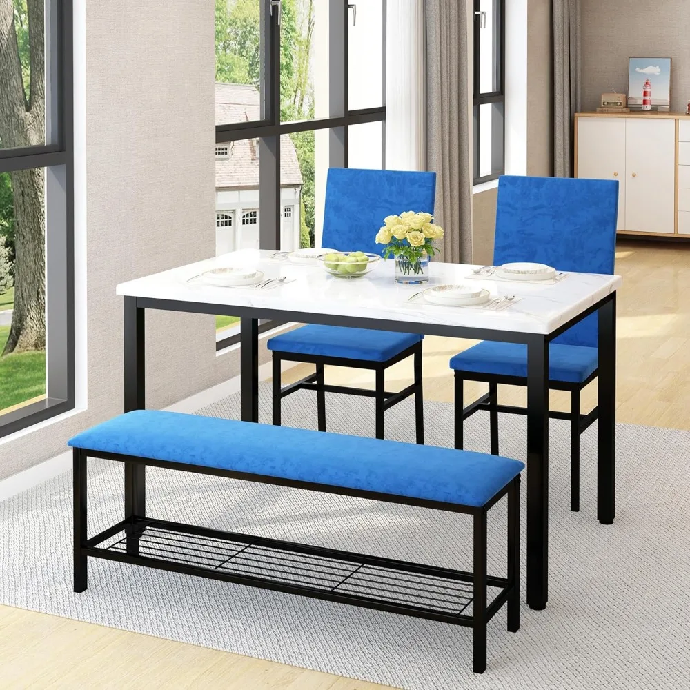 

4-Piece Dining Table Set for 4, 47.24-Inch Kitchen with Upholstered Velvet Bench & Chairs, Space-Saving Modern Faux Marble