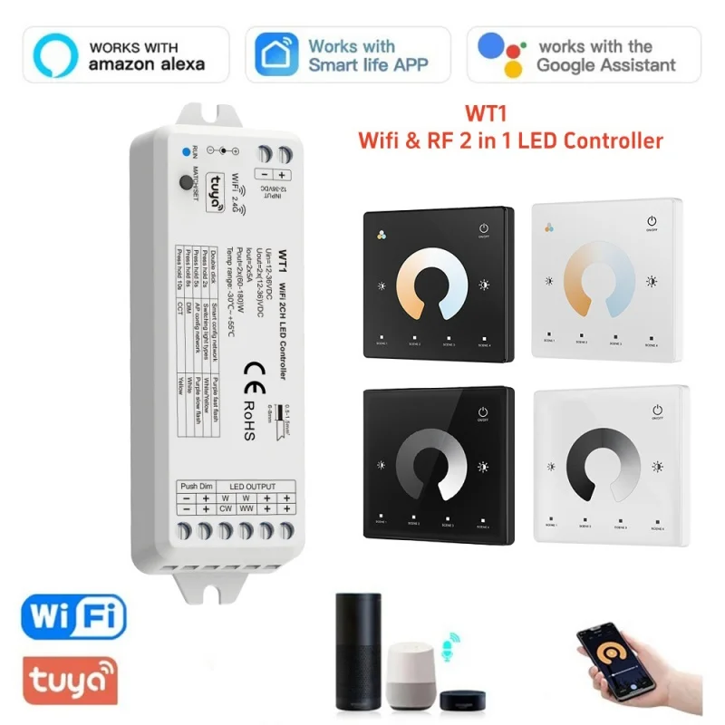 Tuya WiFi 2CH LED Controller WT1 DC 12-36V 2.4G Wireless Smart Wifi RF telecomando per WW/CW/CCT LED Strip Light Alexa Google