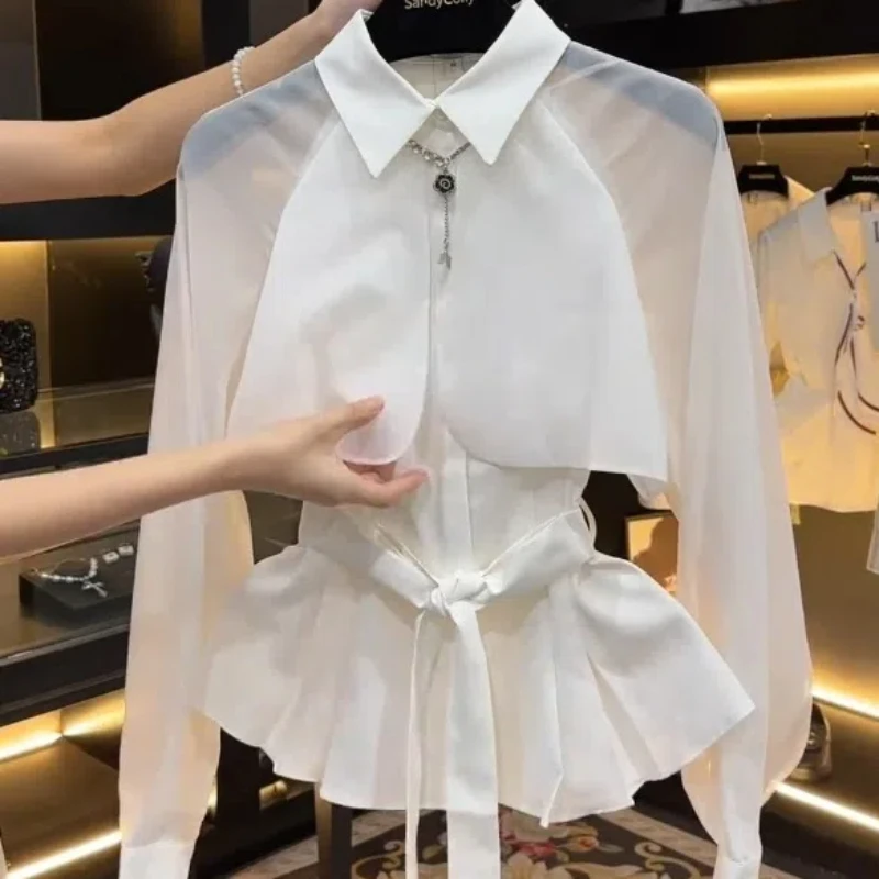 Temperament Two Pieces of White Shirt Long Sleeved Women\'s New Fashionable Lace Up Top High-end Fake