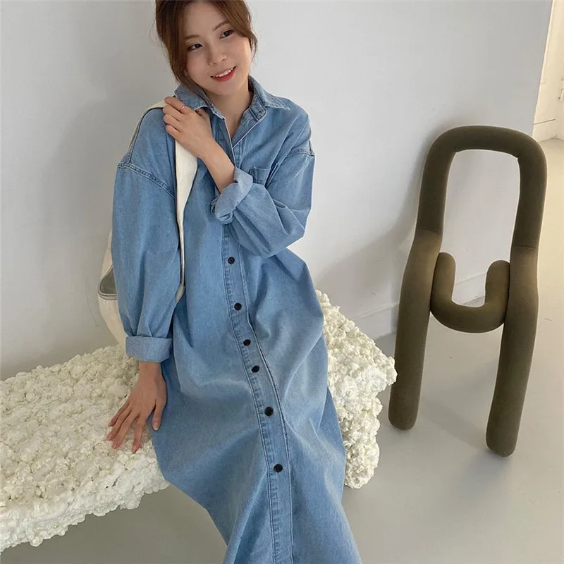 IHOBBY Women Long Denim Shirt Dress Korean Style Long Sleeve Single Breasted Jeans Shirt Outwear