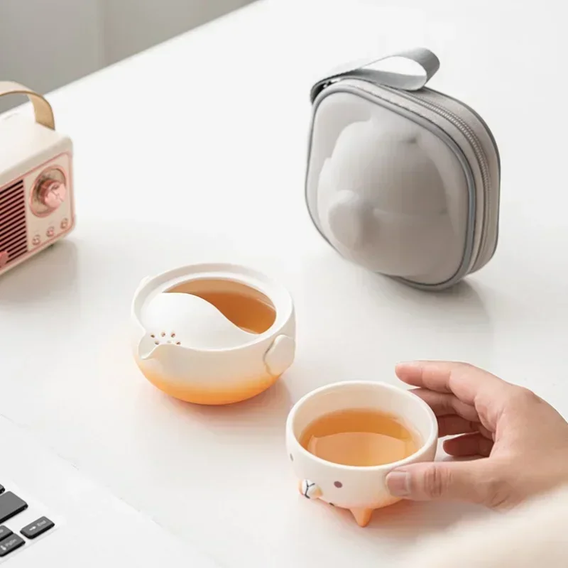 Portable Travel Tea Cup Set Ceramic 160ml Camping Tea Set Cute Dog Teapots Japanese Tea Culture with Storage Bag Travel Supplies