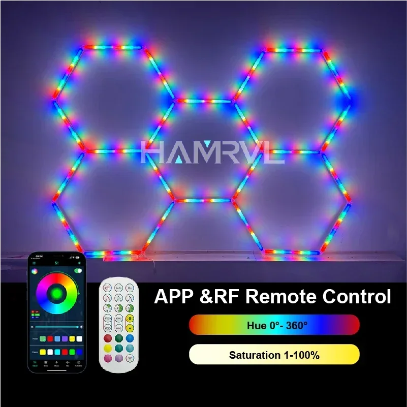 Music RGB Hexagon LED Garage Light Ceiling Honeycomb Detailing Lamp gaming room Auto Car Shop Workshop Bar App & Remote Control