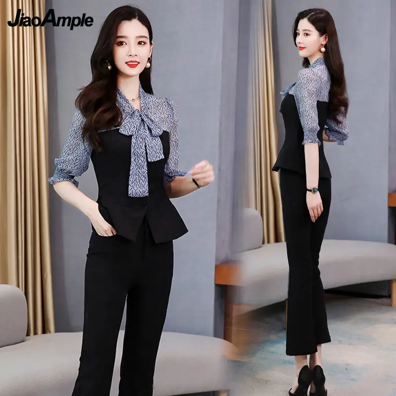 

2022 Spring/Summer New Bow Top Pants Two Piece Women Elegant Print Half Sleeve Pullover Trouser Suit Korean Fashion Clothes Set