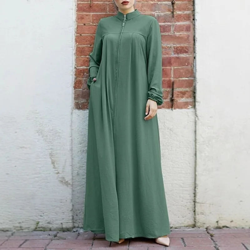 

Muslim Fashion Abaya New Style Arabic Design Stand Collar Zipper Pocket Temperament Loose Polyester Women's Casual Dress Muslim