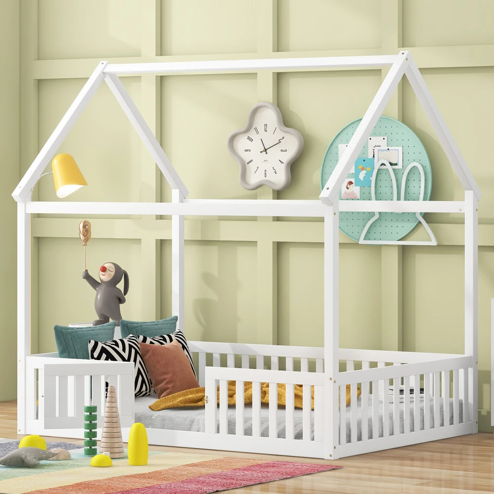 

Full Size Wood House Bed with Fence and Door, White