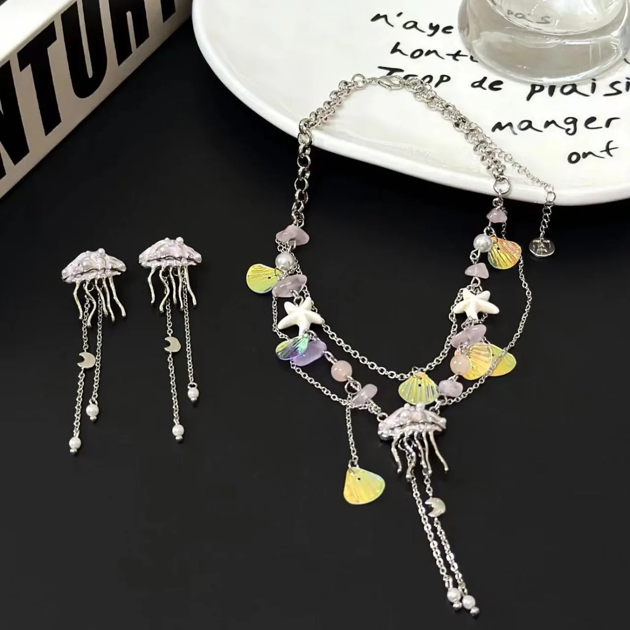 

Y2K Boho Colorful Pearl Drip Jellyfish Tassel Necklace Female Spicy Girl Sweet Cool Earrings Neck Chain Party Jewelry Gifts