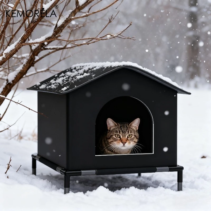 

New Black Four-Season Outdoor Cat House with Oxford Cloth And Stand Design - Foldable, Easy to Assemble,Outdoor Cat Bed for Cats