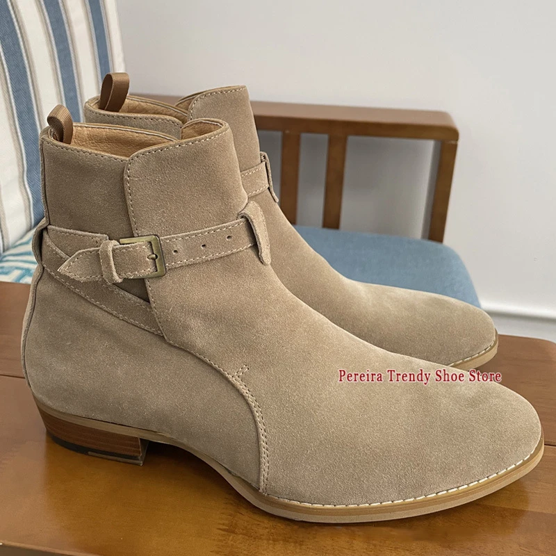 Autumn Winter New Suede Men's Chelsea Boots Belt Buckle Genuine Leather Slip-On Ankle Boots Fashion High Top Shoes Large Size