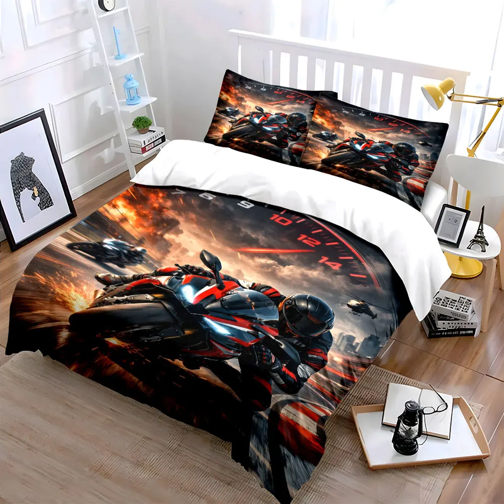 High-speed motorcycle racing scene Print Bedding Set 1 Duvet Cover 2 Pillowcases for Adult and Children Luxury Gift Full Size