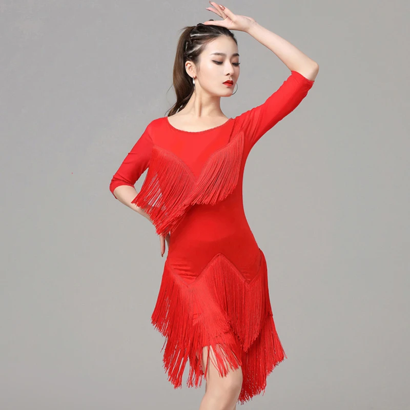 

Костюм для латинских танцев для взрослых — женское облегающее платье с бахромой для национальных стандартных танцевальных соревнований