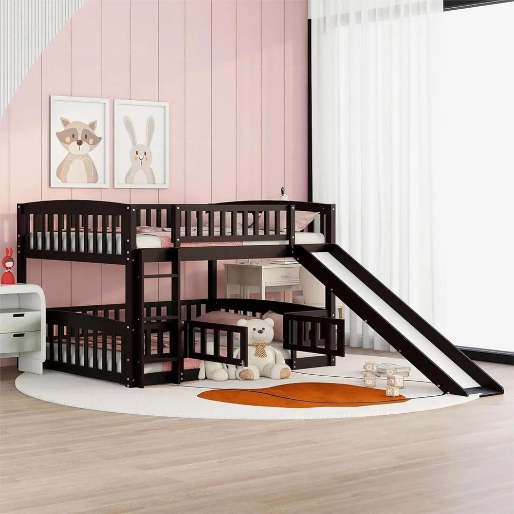 

Bunk Bed Full Over Full with Slide and Stairs, Bunk Bed for Kids, Girls, Boys, Floor Bunk Bed with Fence and Door, Espresso