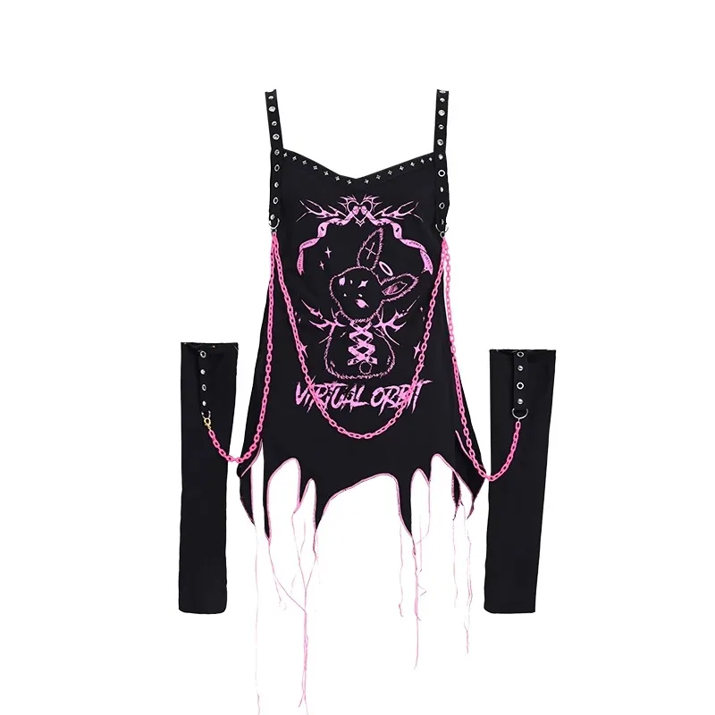 2024 Summer New Japanese Kawaii Top Hot Girl Sweet Cool Cartoon Printed Black Pink Oversleeve Sling Vest T-shirt Y2k Accessories