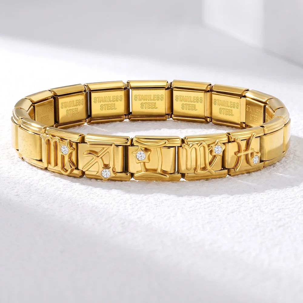 URING Goldfarbenes Sternzeichen-Charm im italienischen Stil, 12 Sternzeichen-Symbole, Gliederarmband, passend für 9-mm-Perlen, Edelstahl, DIY-Schmuck – Detail 1
