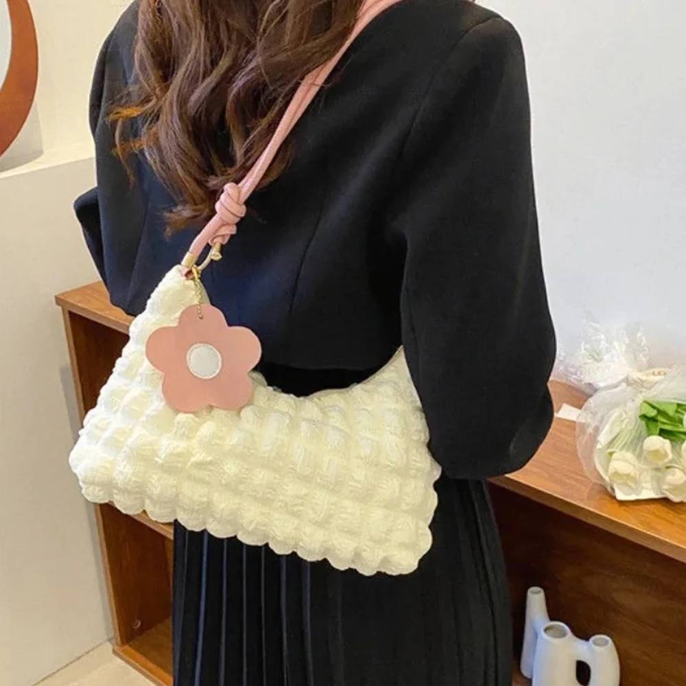 Korean Soft Cloud Bubbles Handbags for Woman Girls Flower Pleated Cloud Underarm Bag Pouch Bag Casual Shoulder Bag Cute Purse