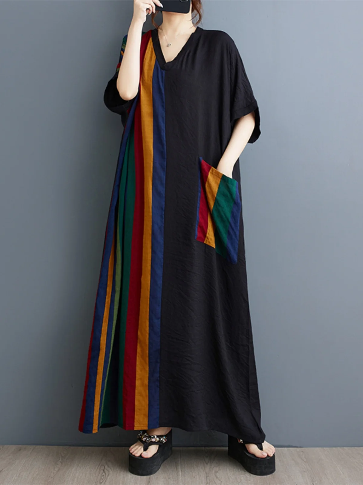 Slimming Long Cotton Linen Print V-Ne ort Sve Color Blo Bla Maxi Dr Summer Loose Fit Batwing Sve Irregular Hem