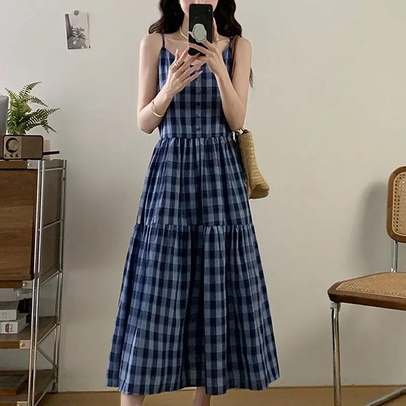 

Fashionable Vintage Plaid Slip Dresses Women's Clothing A-Line Waist Summer Elegant V-Neck Button Casual Patchwork Long Dress