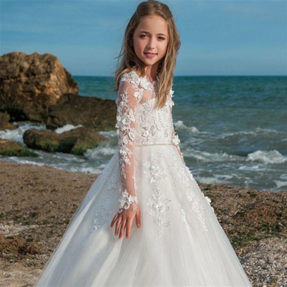 First Communion Dresses Long-sleeved Tulle Lace Decal Princess Flower Girl Dress Wedding Party Ball Dream Kids Surprise Present