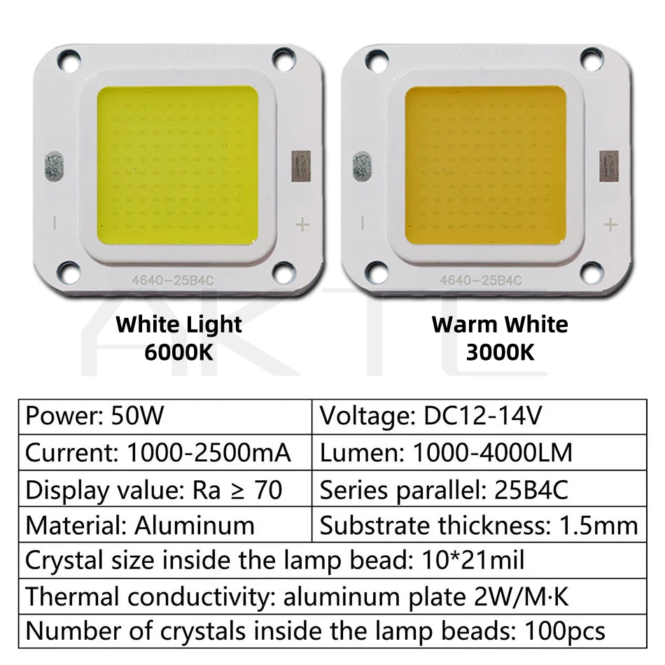 High Power 50W LED Chip COB Lights DC 12V Battery Available Warm White 3000K White 6000K Single Color Low Voltage Lighting Lamp