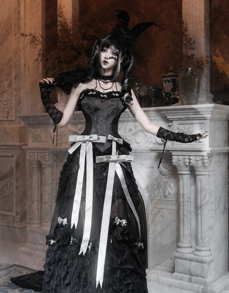 Halloween Cos Long Tail Skirt Fishbone Corset 2-Piece Set Girls Women Slim Fit Elegant Retro Heart Top Skirts Festival Outfit