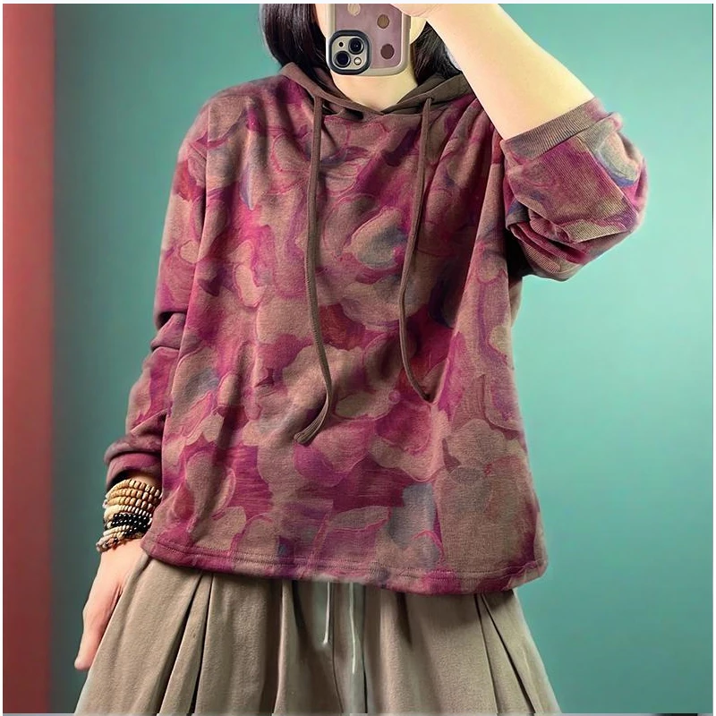 2025年秋韓国ファッション服 レディース プリント入りフード付きスウェットシャツ レディース ラグジュアリー ルーズ ヴィンテージ カジュアル 花柄パーカー