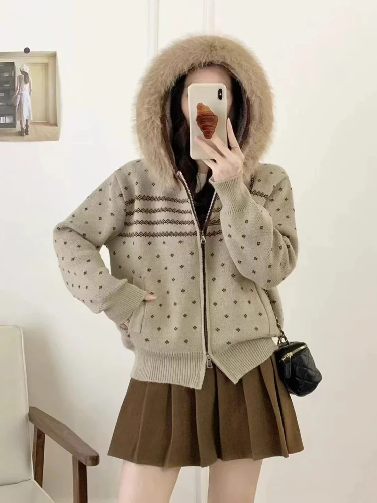 

Vintage Hooded Faux Fur Collar Cardigan Women's Fall Winter Oversized Chic Knit Sweater Jacket Cozy Versatile Outerwear