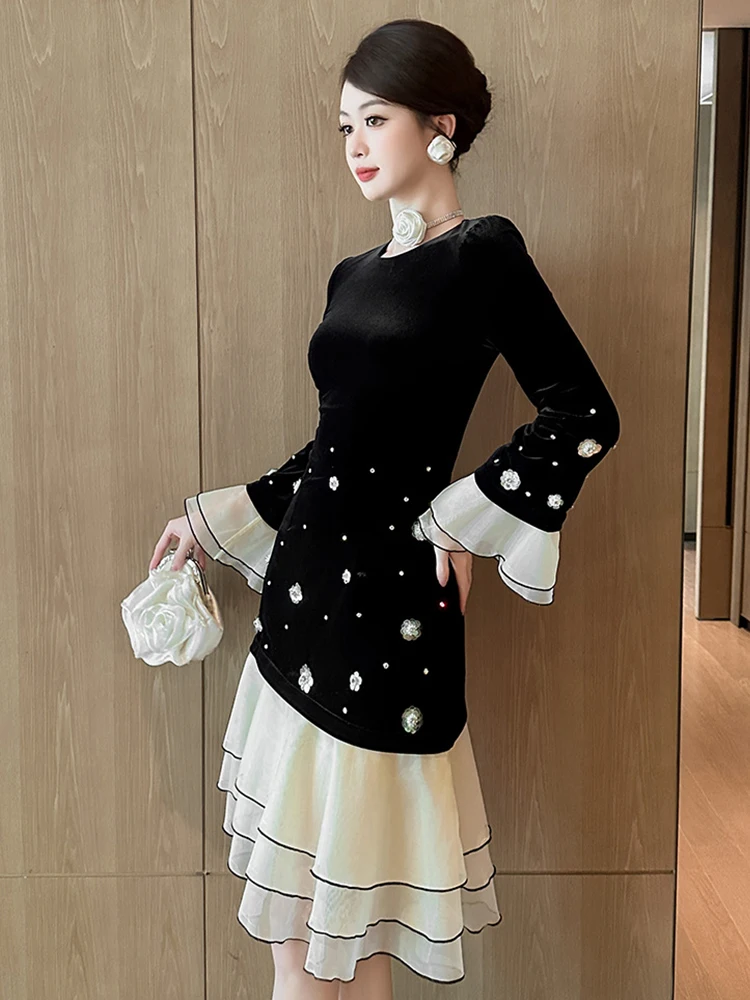 Elegant Birthday Cocktail Party Cake Dress Women\'s Clothing French Lovely Sequins Flower Diamond Robe Catwalk Vestidos Fiesta